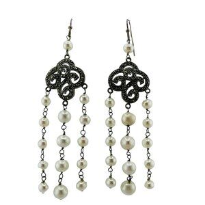 Sterling Silver Marcasite Pearl Chandelier Earrings Signed NF Statement